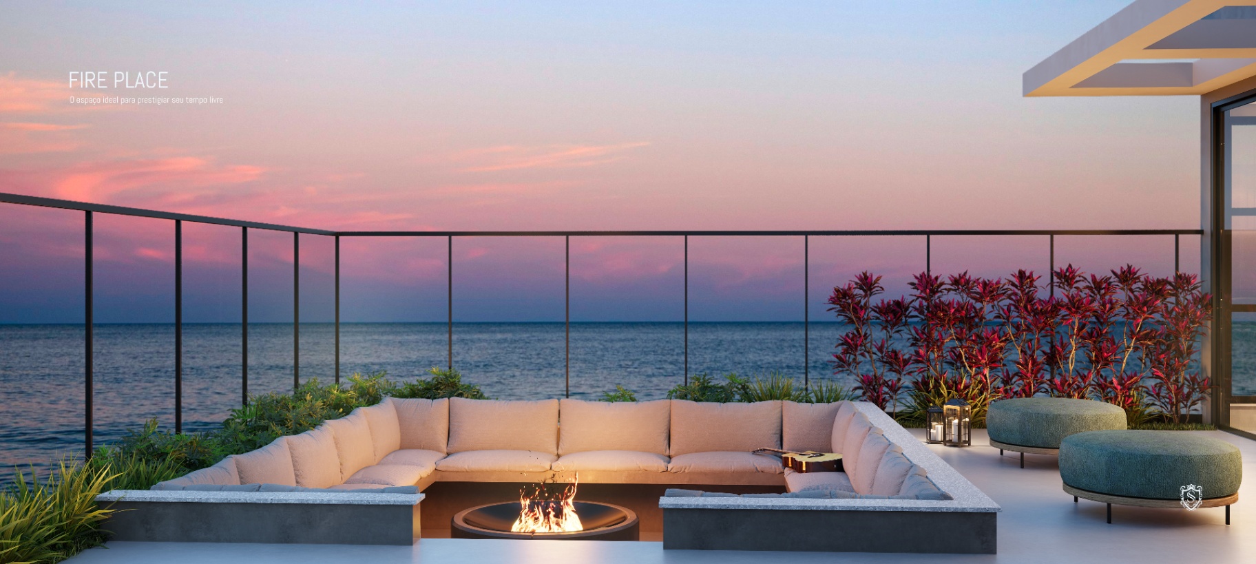 Fire Place com lounge e vista para o mar
