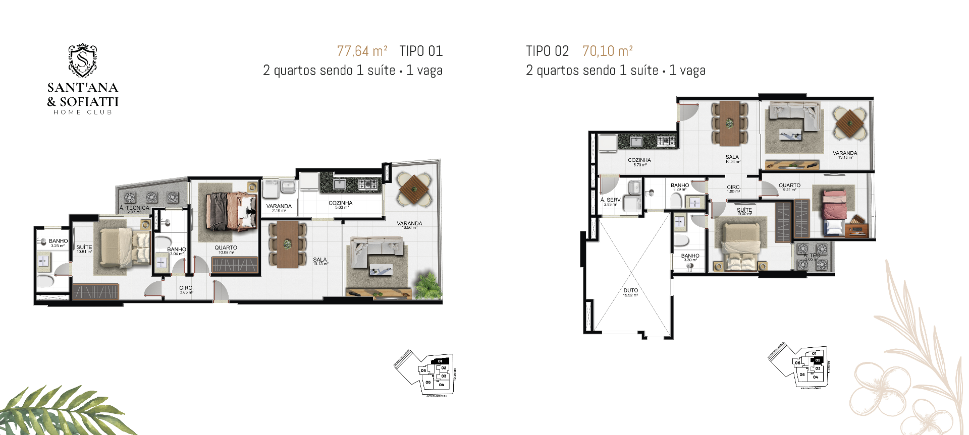 Plantas dos apartamentos Tipo 01 e Tipo 02
