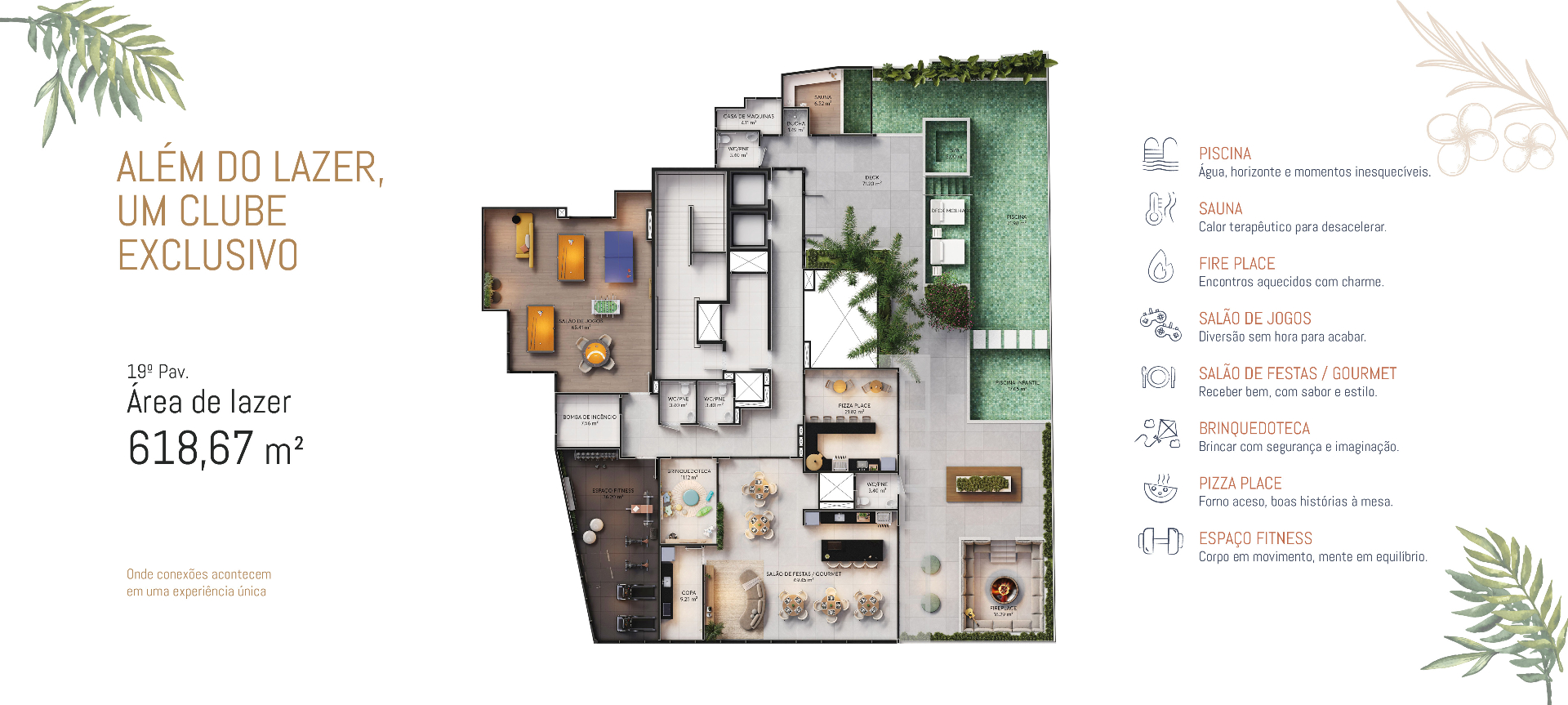 Planta do clube exclusivo no 19º pavimento com piscina, sauna e áreas de convívio